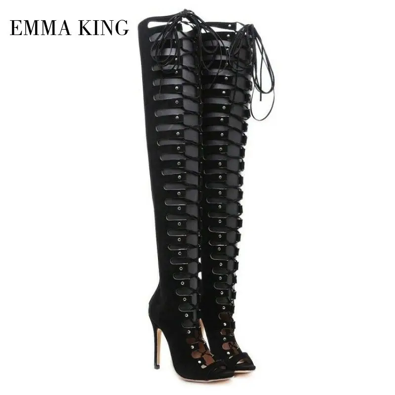

Womens Peep Toe Lace Up Boots Sandals Back Zipper Hollow Out Gladiator Shoes Sexy Black Thigh High Boots Fashion Shoes Women