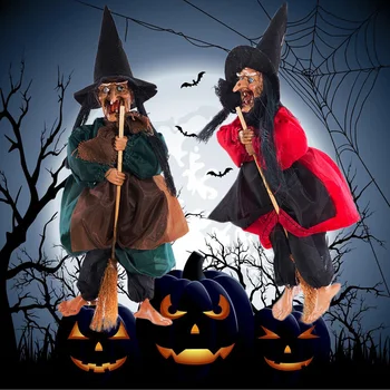 

Besegad Halloween Witch Decor Scary Creepy Hanging Riding Broom Witch Voice Control Ornament for Halloween Party Decoration Prop