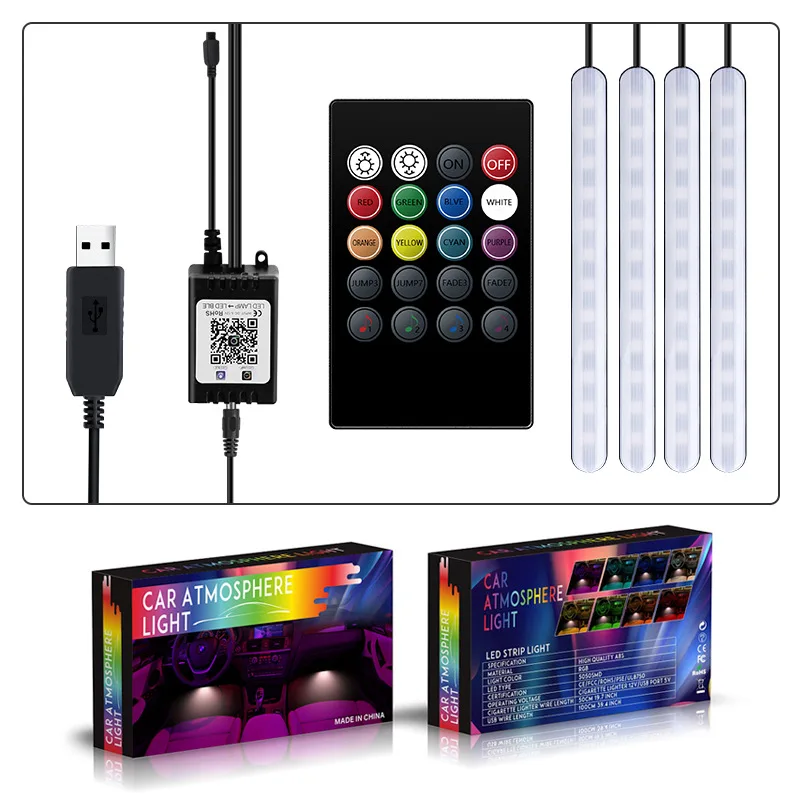 RGB музыкальный светодиодный светильник для салона автомобиля, Цветной Автомобильный Стайлинг, декоративные атмосферные лампы, USB приложение+ звук+ пульт дистанционного управления, 12 светодиодный, 12 В