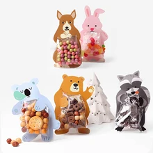  10PCS Candy Bags Cartoon Animal Paper Plastic Gift Bag Packaging Cake Cookie For Sweets Wedding Party Present With Clear PVC 