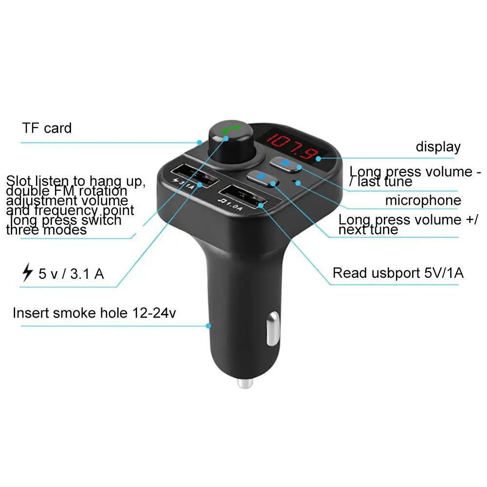 Автомобильный Bluetooth MP3-плеер, fm-передатчик, беспроводной радио адаптер, двойной USB 3.1A, автомобильное зарядное устройство, напряжение TF, воспроизведение музыки