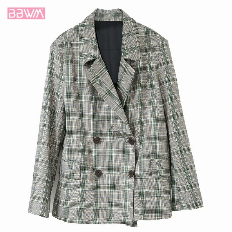 

Double-breasted Plaid Lapel Professional Women's Suit 2019 Autumn New Retro Wild Loose Thin Chic Office Female Jacket Lapel Tops