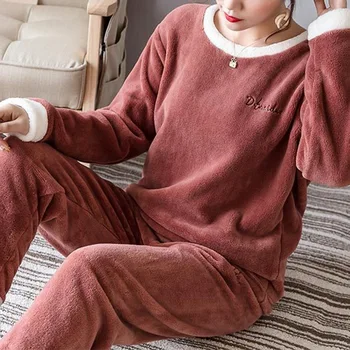 

Pajamas Set Women Plush Warm Sexy Autumn Winter Thick Pyjamas Flannel Home Spring Cartoon Student Sleepwear 2Piece/Set