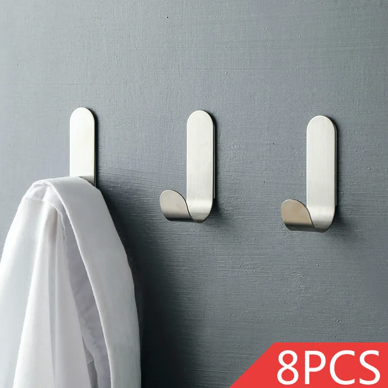 

8PCS Stainless steel door hooks Adhesive wall hanging hook kitchen bathroom towel holder Robe Hats Bag Key Wall Hook mx10141425