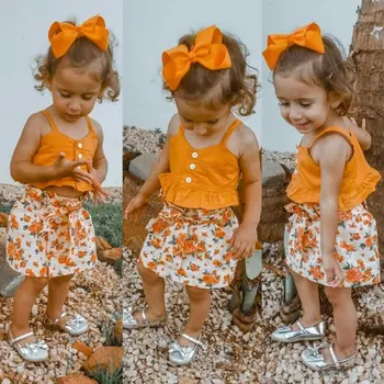 

2020 Summer Kids Baby Girls Clothes Set Sleeveless Crop Tops Button Tops Floral Print Skirt Sweet Girls 2PCS Outfits Set 2T-6T