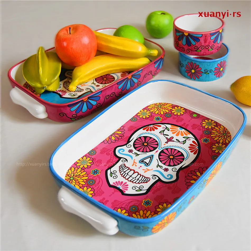 

Creative color Skeleton plate Skull Decor bowl ears squid plate deep plate punk Skull tableware Personal gift platos de ceramica