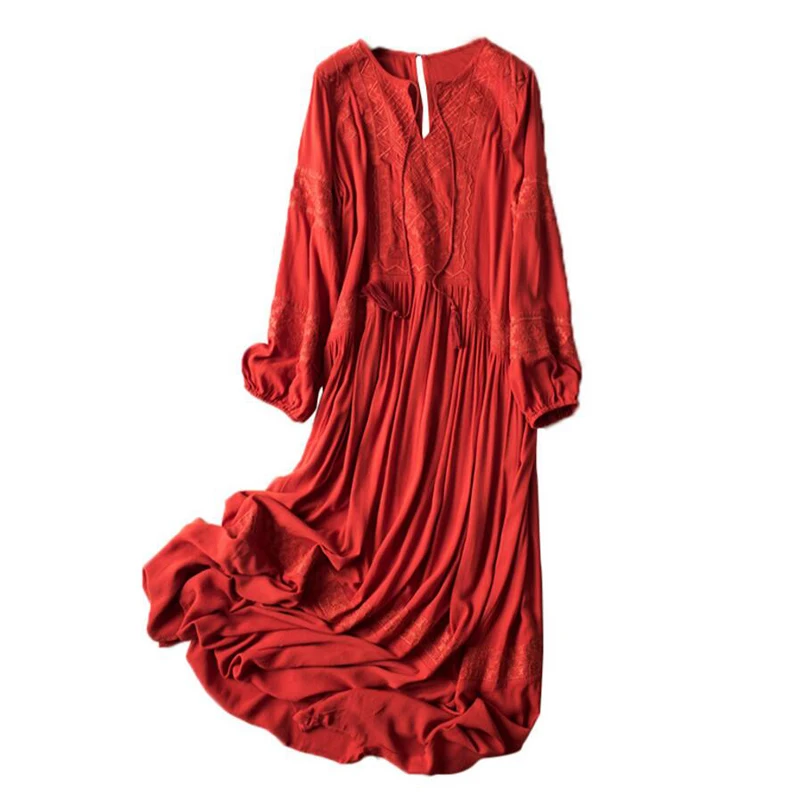 Новинка, Элегантное летнее женское платье высокого качества, домашнее Повседневное платье, Красный шифоновый с длинным рукавом, свободные платья, женская одежда