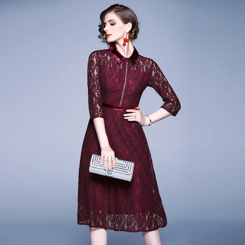 

Spring Autumn Vintage Floral Lace Midi Dress Boho Dresses 2023 Elegant Women Party Long Sleeve Dress Vestidos