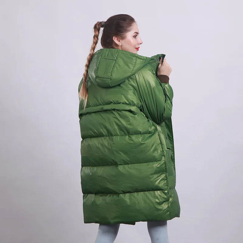 YNZZU новые зимние куртки женские шикарные зеленые глянцевые длинные пуховые куртки с капюшоном женские зимние пальто плюс размер A1292