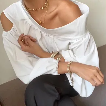 

Fashion Fall 2019 Sexy Irregular Shirt Women Tops Skew Collar Lantern Sleeve Hollow Out Blouse Off Shoulder Elegant Blouse