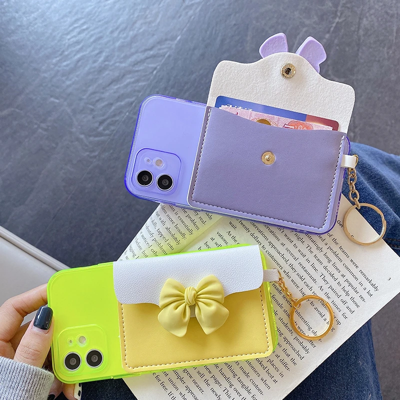 Bowknot Fluorescent Phone Case for Iphone 12 Mini 11Pro Max SE 2020 X XR XS MAX 7 8 Plus Coin Purse Card Package Soft Back Cover | Мобильные