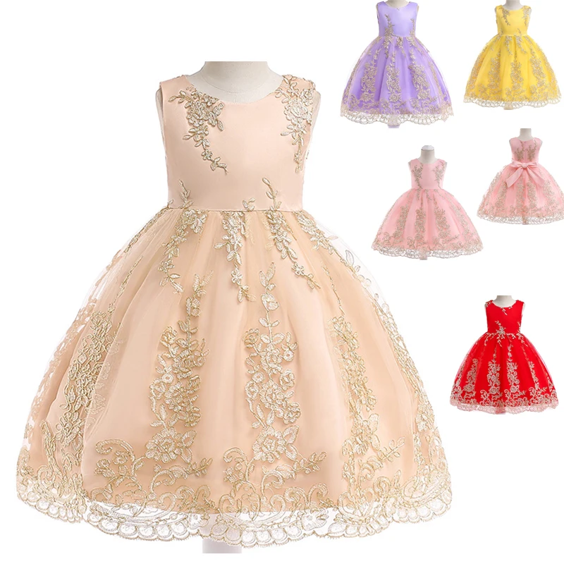 

Christmas Clothing Kids Tulle Princess Dress Girls Gold Embroidery Ball Gown Baby Flower Girl Dresses for Wedding Party Costumes