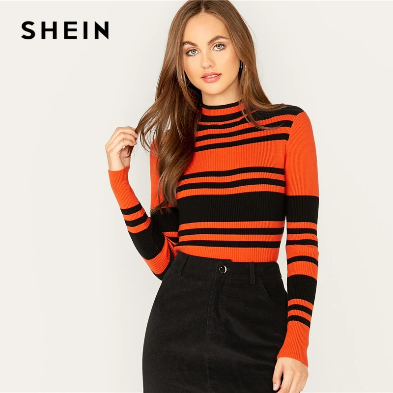 SHEIN многоцветный макет шеи полосатый тонкий приталенный пуловер свитер женские Топы осень зима длинный рукав Ребро вязать элегантные свитера