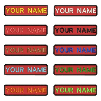 

Red background Embroidery Custom Name Text Patch Stripes badge Iron On Or Velcro Backing Patches For Clothes Backpack Hat RR-01A