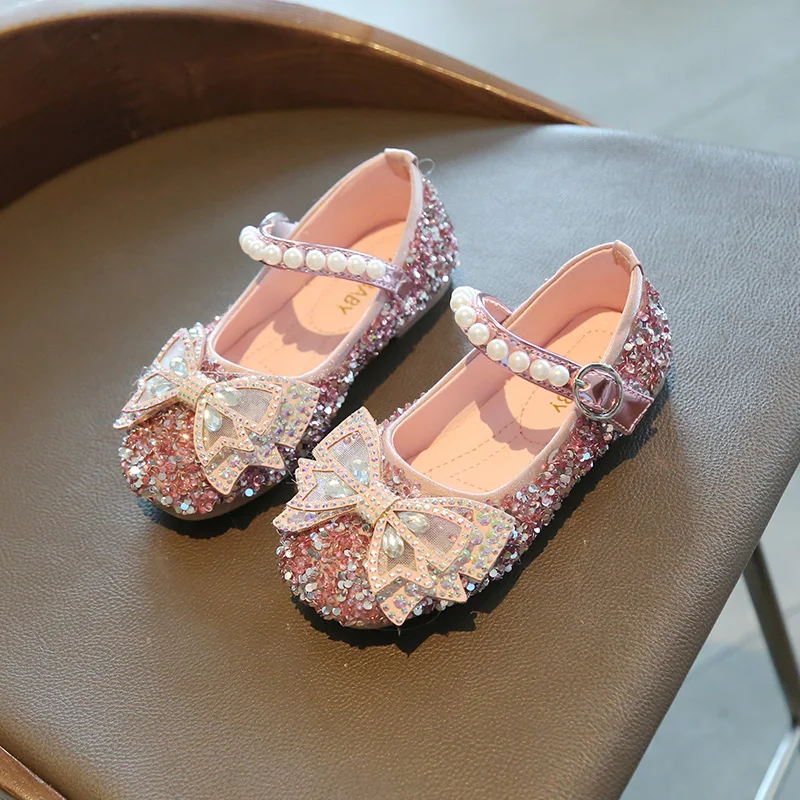 Spring Kids Leather Shoes Fashion Rhinestone Bowtie Girls Princess