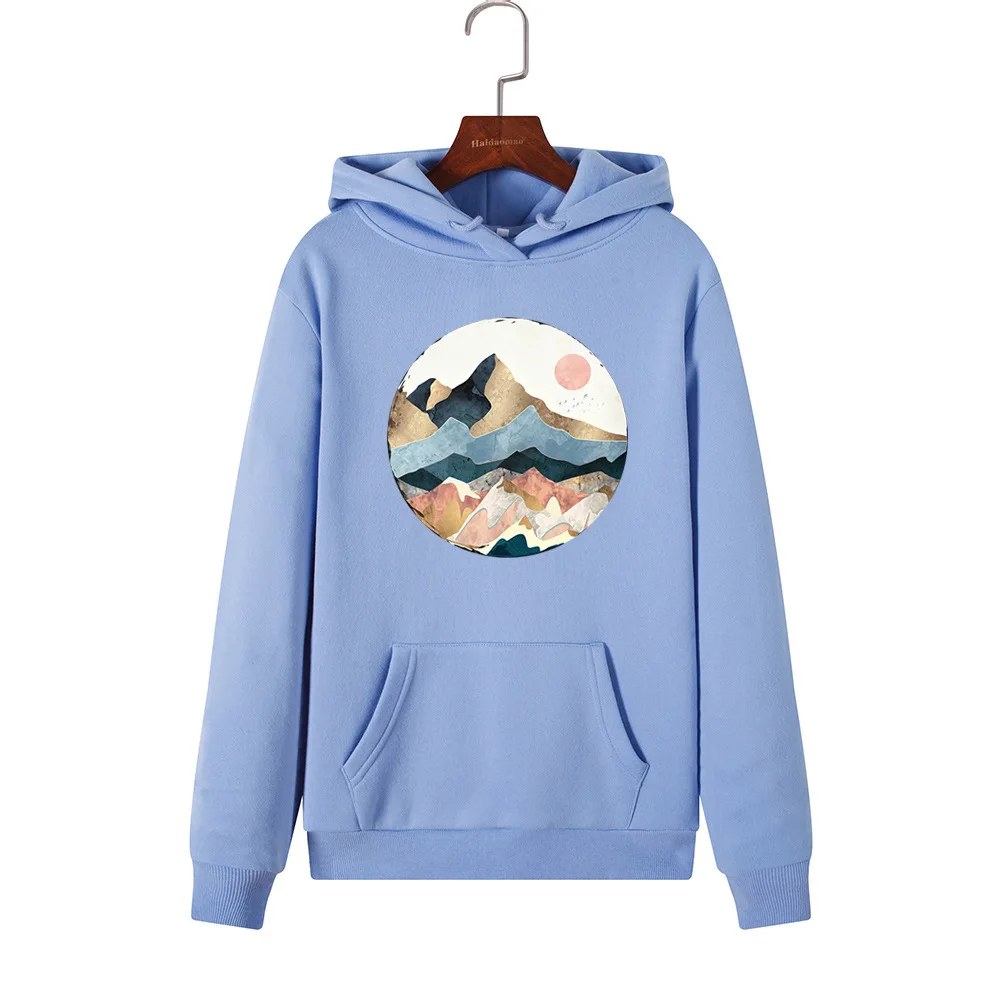 sky blue SINGRAIN, модная Женская толстовка с капюшоном, с карманами, пуловеры, негабаритный, Повседневный, Харадзюку, пейзаж, закат, принт, теплые толстовки, Polerones - Color: sky blue