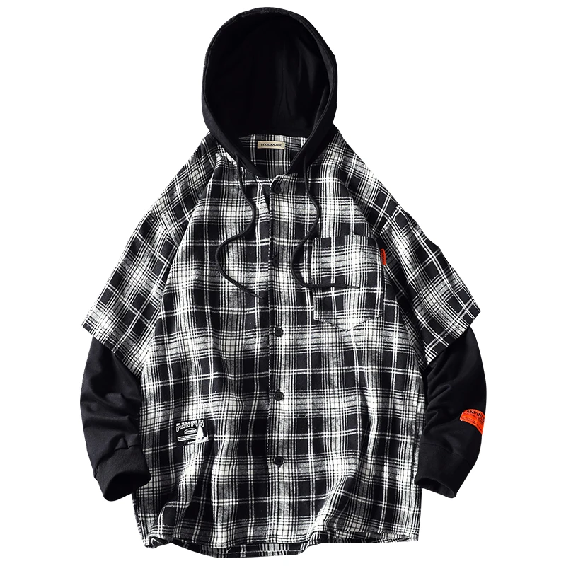 Casual Brand Jacket men Hooded Plaid Shirt Men Shirts Long Sleeves 2020 New Autumn Plus Size M-5XL