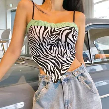 Cheap 2020 Hight Street Women's Zebra Pattern Sexy Camisole Sleeveless Square Collar Lace Trim Cropped Top Sexy Open Back Streetwear Cheap 2020 Hight Street Women's Zebra Pattern Sexy Camisole Sleeveless Square Collar Lace Trim Cropped Top Sexy Open Back Streetwear