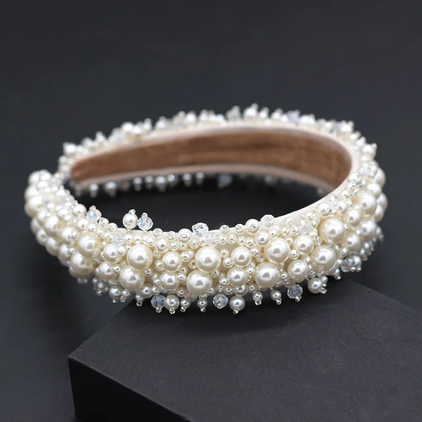 Nuovo lusso bianco fatto a mano brillante pieno piccolo perla di cristallo perline fiore passerella accessori per capelli fascia copricapo da sposa735