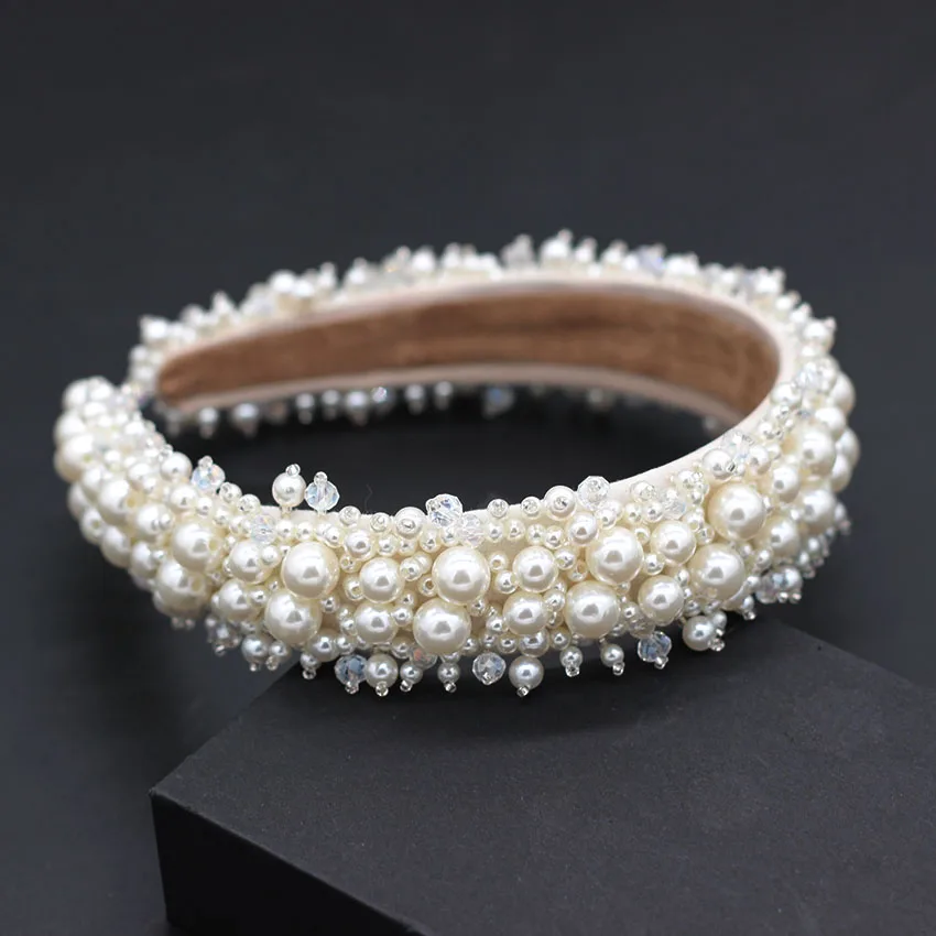 Hair Accessory New White Handmade Shining Full Small Pearl Crystal Beaded Flower Catwalk Headband Hair Accessories Bridal Headwear735