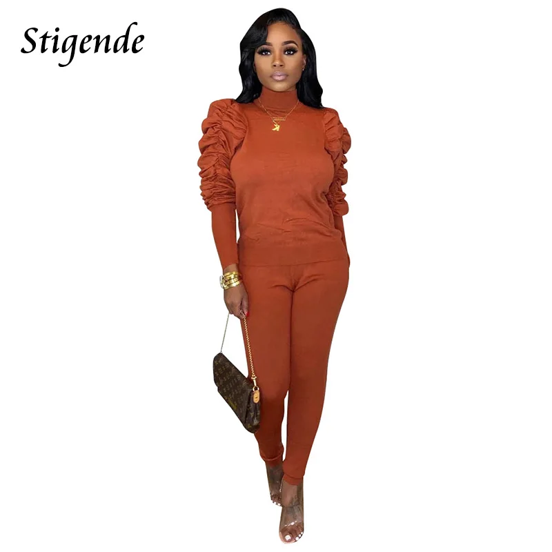 Stigende Women Casual Two Piece Trousers Set Long Puff Sleeve Pullover and Pants Cascading Ruffle Solid 2 Outfit |