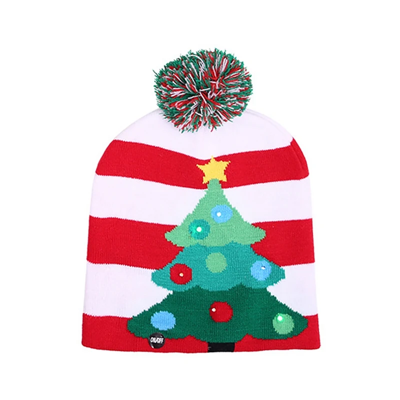 Christmas Hats Christmas Ornaments Knitting Santa Snowflakes Hats With LED Lamp Cap For Xmas New Year Party Decor Props