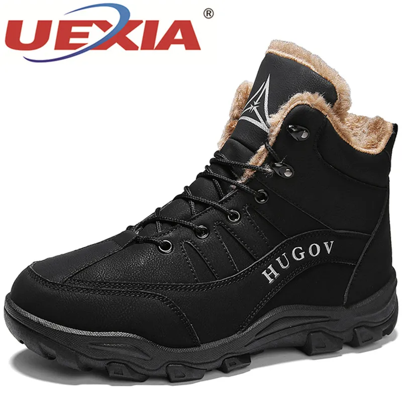 UEXIA Winter Snow Boots Men Casual Cow Split Leather Shoes Motorcycle Comfortable Flat Men Boots Lace-up Shoes Male Ankle Boots