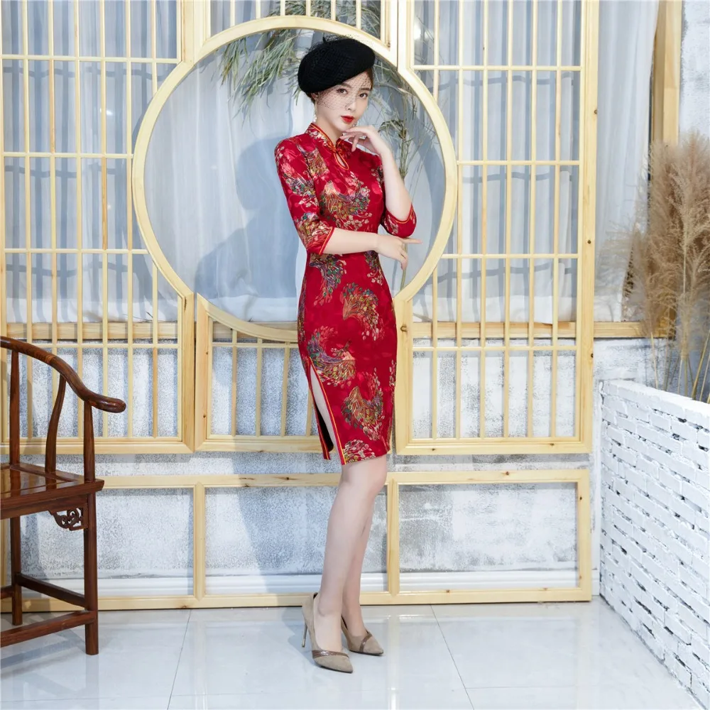 Shanghai Story 2019 осень зима Cheongsam 3/4 рукав до колена вельветовое китайское платье Ципао