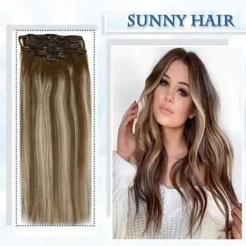 

VeSunny Double Weft Clip in Hair Extensions Real Human Hair 7pcs 120gr Clip Hair Balayage Medium Brown Highlights Blonde #6/60/6