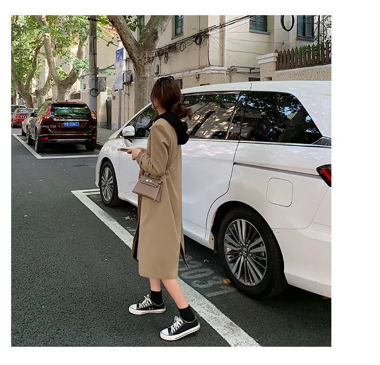 Long Sleeve Dress Women Hooded Sashes Side-split Solid Autumn Elegant Retro Fashion Leisure Daily Ulzzang Loose Ins Beauty Chic denim dress