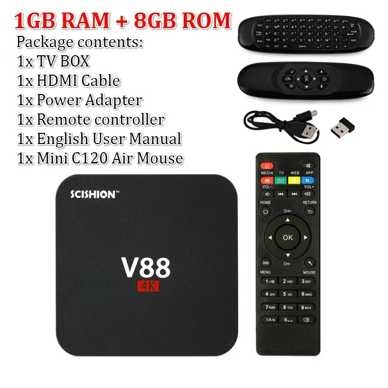 SCISHION V88 Android iptv-приставка Android 7,1 OS 1 Гб ram 8 Гб RK3229 четырехъядерный 1080P WiFi HDMI Smart TV BOX медиаплеер - Цвет: 1G C120 Air Mouse