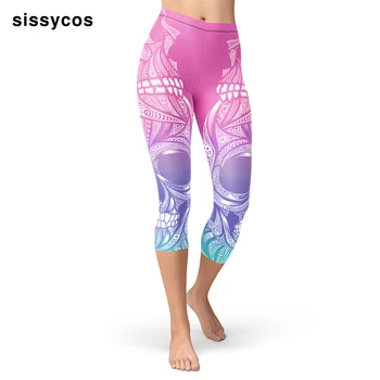 

Shiny Skull Printed Capris for Women Pink High Waist Brushed Buttery Soft Elastic Leggings Calavera Mexico Day of the Dead Pants