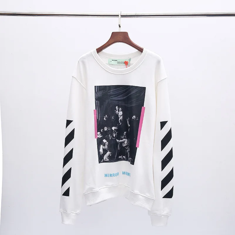 19SS OFF-WHITE OW религиозная теплопередача квадратная фиолетовая ленточная Печать Круглый вырез пуловер Толстовка Джемпер