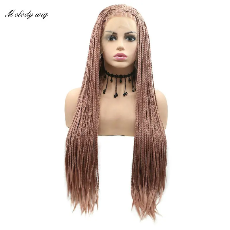 

Парик Melody из синтетического кружева для женщин, термостойкая длинная плетеная косичка, пастельно-розовая, натуральные черные косички, повседневная одежда