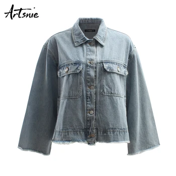 

Artsnie streetwear character denim jacket women turn down collar flare sleeve coats autumn 2019 casual ripped split jeans jacket