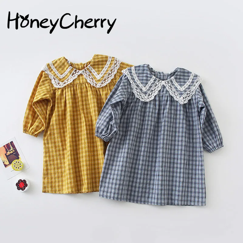 

Girls Chequered Dresses South Korea Autumn New Foreign Children's dress Baby Lace Collar Princess