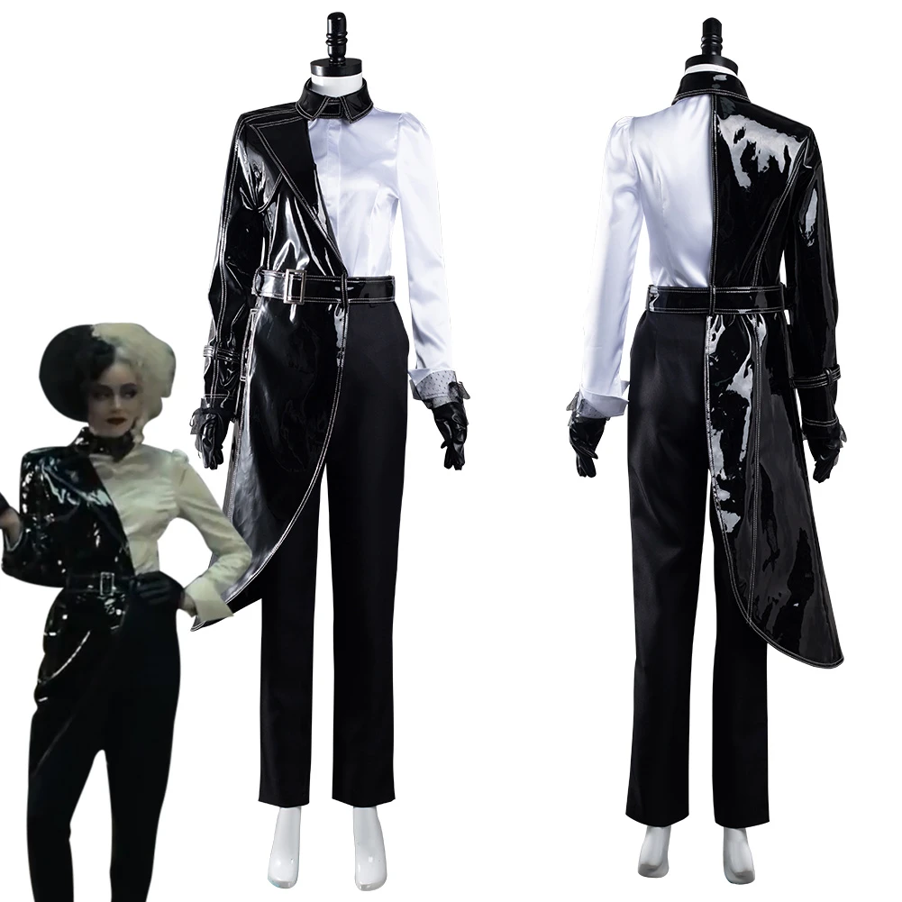 Cruella De Vil Cosplay Costumes Leather Jacket Black White Uniform