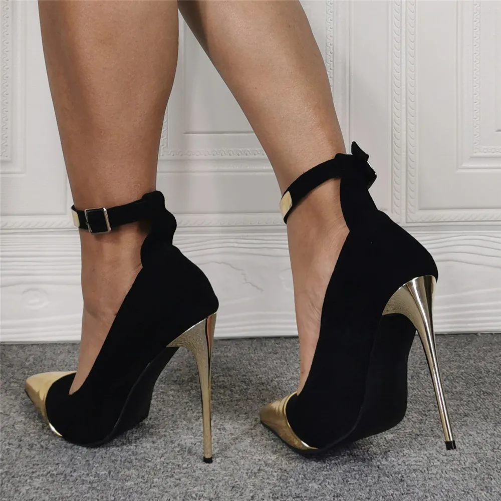 Kolnoo New Large Size Women Stiletto High Heels Pumps Cap-Toe Kid-suede Ankle Strap Party Prom Shoes Evening Fashion Court Shoes