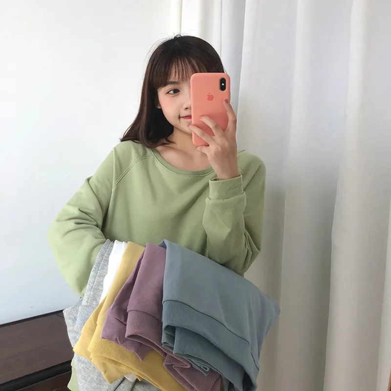 

6 colors autumn 2019 preppy style Women Sweatshirts solid color basic Long Sleeve Casual Sweatshirt Womens pullovers ( F3773)