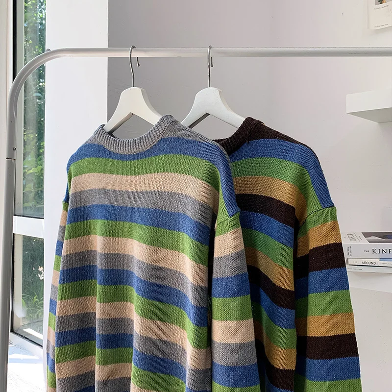 Autumn New Striped Sweater Men Fashion Contrast Color Casual Knit Sweaters Man Sweter Clothes Loose Long-sleeved Pullover Men