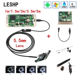 Caméra endoscopique HD USB, 5.5mm, avec 6 LED, 1/1/2/3/5M, câble souple, étanche, boroscope pour Inspection, Android et PC 