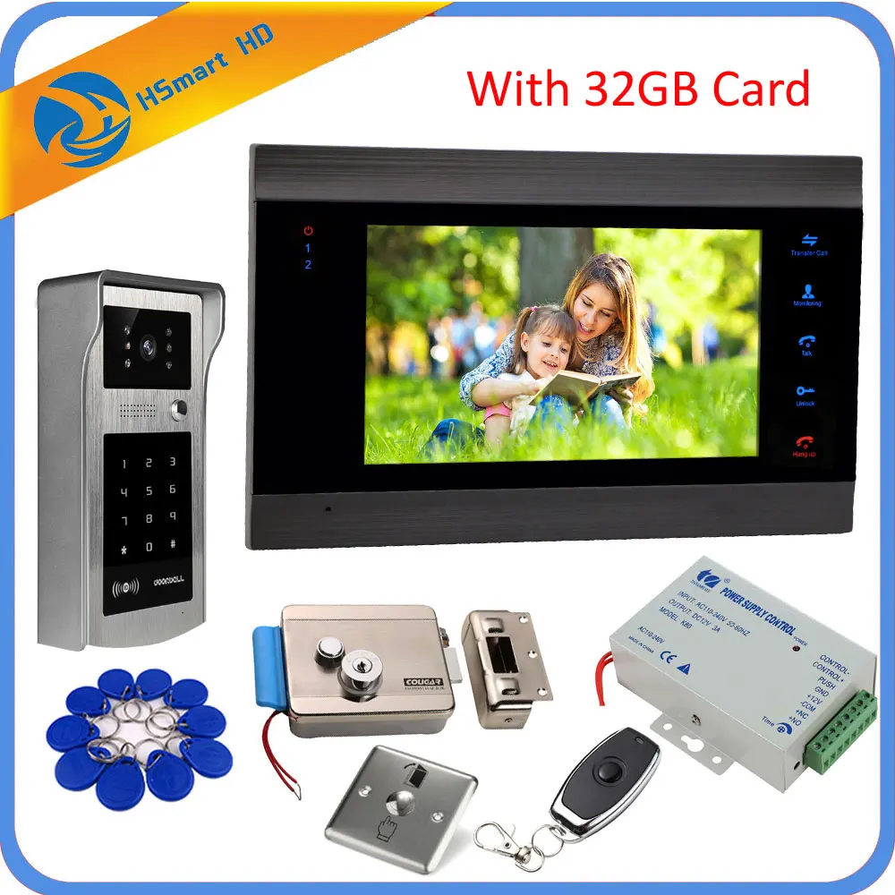 7\ inch LCD Video Doorbell Monitor Intercom 1200TVL Outdoor Camera RFID Password Door Phone Unlock Intercom System SD Record