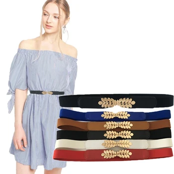 

High elasticity fabric belts for women dresses gold Leaves metal buckle belts female belts women fashion 2019 hot elastic belts