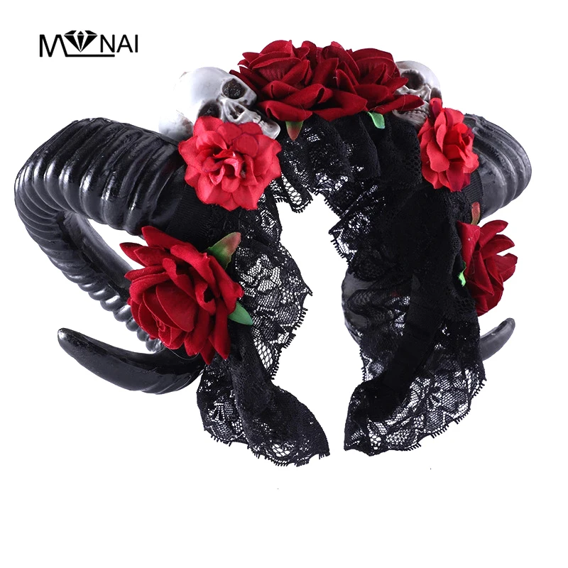 

Handmade Lolita Rose Lace Hairband Gothic Sheep Horn Headpiece Halloween Skull Fancy Dress Gothic