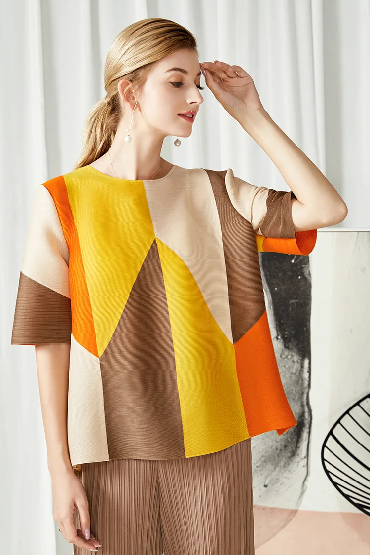 MIYAKE fold Весна и лето круглый вырез Половина рукава свободный большой размер Печать сочетающиеся цвета короткое пальто женский тренд
