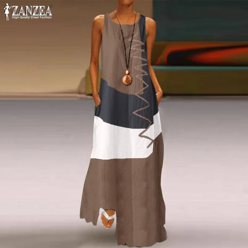 

Vintage Color Stitching Maxi Dress Women's Summer Sundress ZANZEA 2019 Casual Sleeveless Tank Vestidos Female O Neck Robe Femme