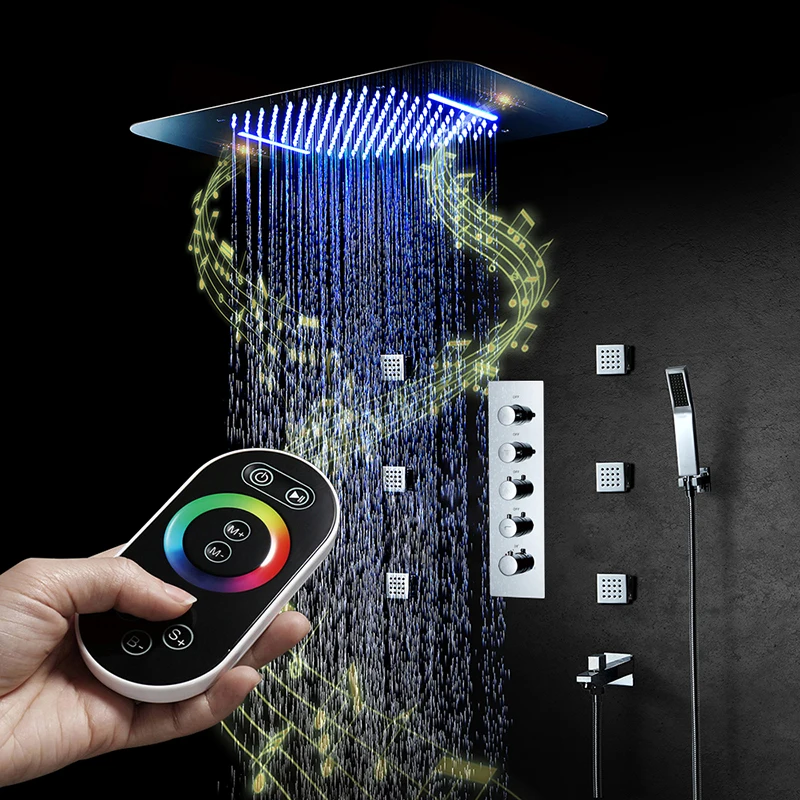 

Music LED Shower Set Spa Shower Head Big Water Flow Showers Faucet Mixer Thermostatic Massage Jets Bathroom Rain Shower System