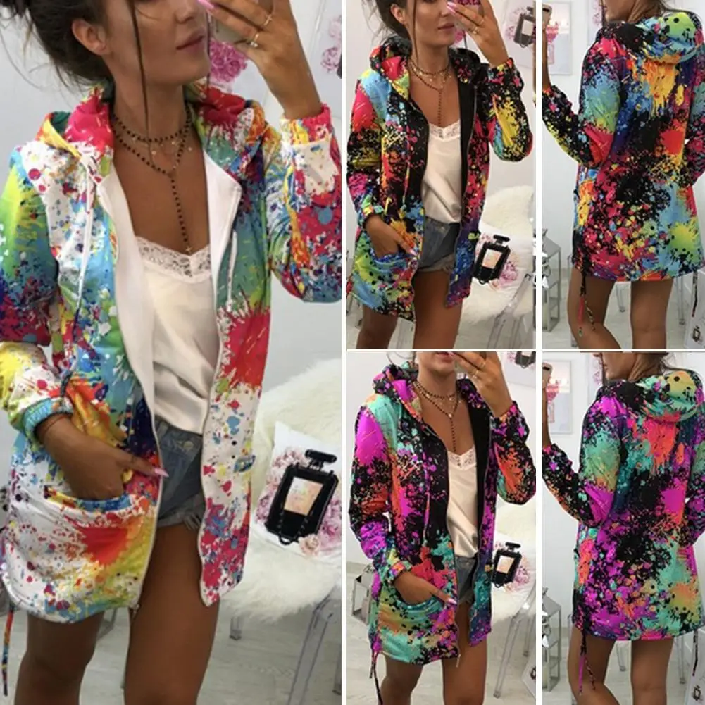 Fashion Women Plus Size Jacket Coat Fall Floral Print Pockets Long Sleeve Hooded Jacket Drawstring Zipper Coat For Female Jacket do what makes you happy letter print hoodie drawstring casual hooded sweatshirt for fall