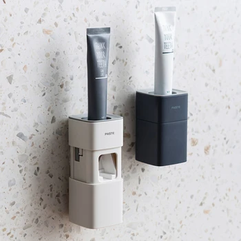 

2020 New Design Automatic Toothpaste Dispenser Wall Mounted Toothbrush Holder Rack Bathroom Accessories Set Toothpaste Squeezer