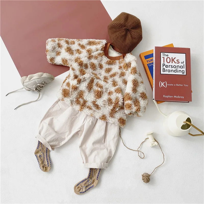 Children Winter New Boys and Girls Lamb Wool with Plush Thickened Leopard Pullover Round Neck Sweater Newborn Kids Hooded
